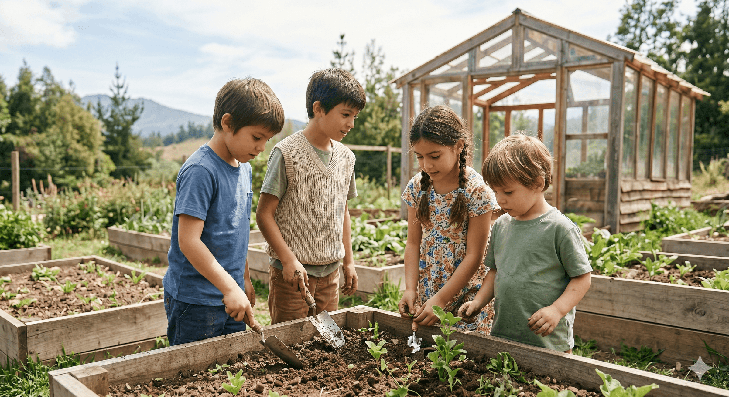 Niños trabajando en huerto escolar
